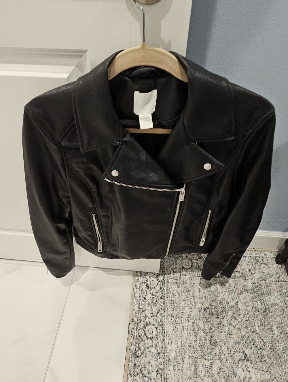 H&M Black Faux Leather Cropped Moto Jacket